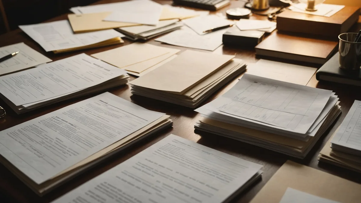 Spreadsheets and procurement documents spread across a desk