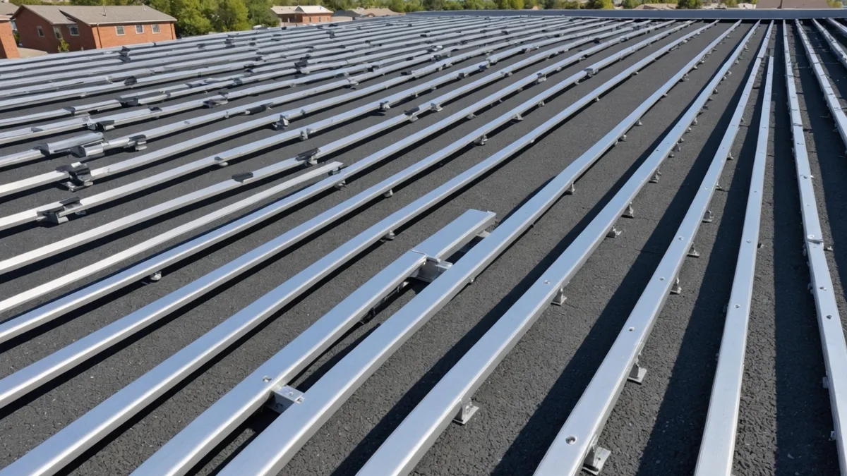 Racking systems staged near a rooftop solar installation site