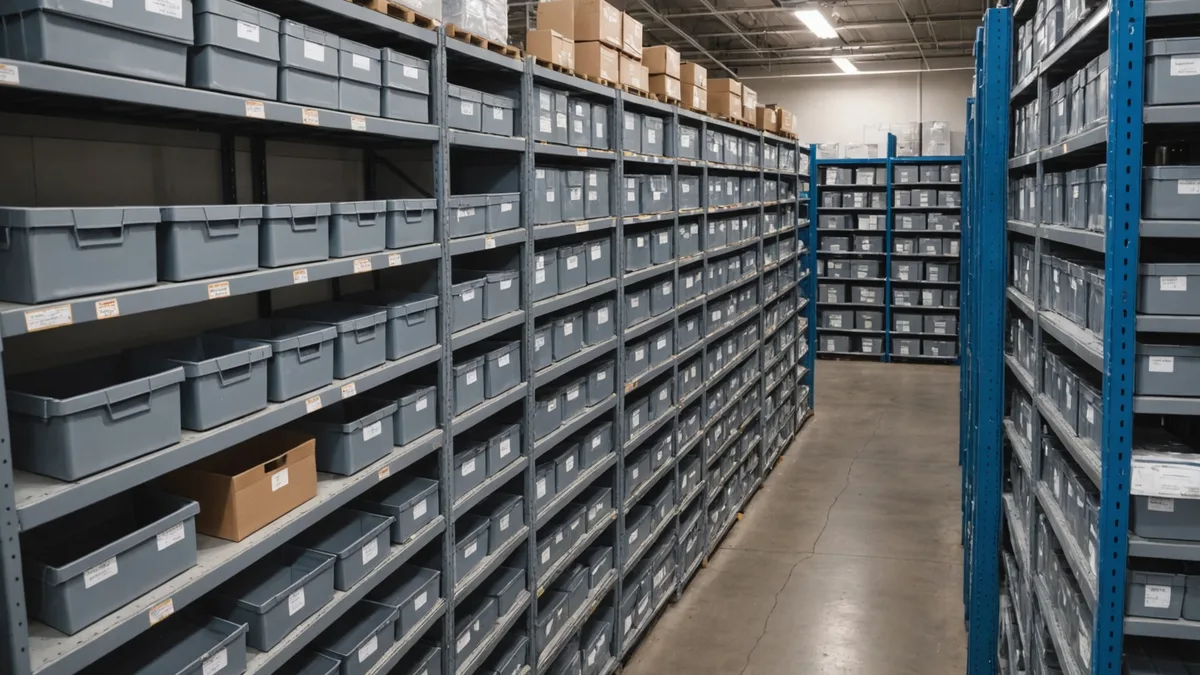 Solar equipment retailer warehouse with organized SKU bins