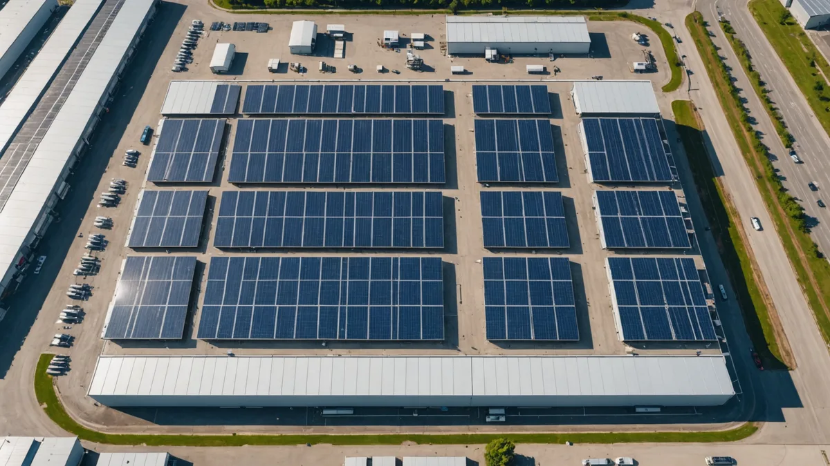 Large commercial solar array under construction with project timeline chart