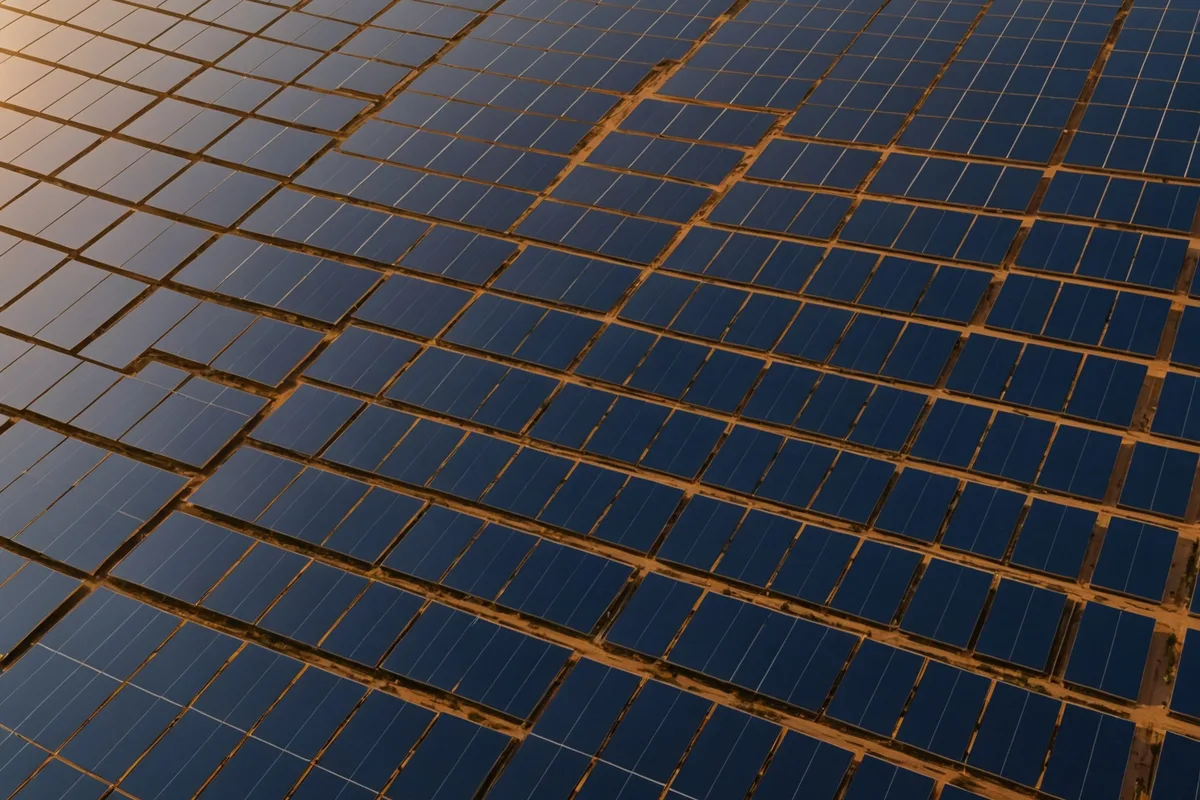 Abstract aerial view of a solar array at dusk representing AI-driven procurement data flows