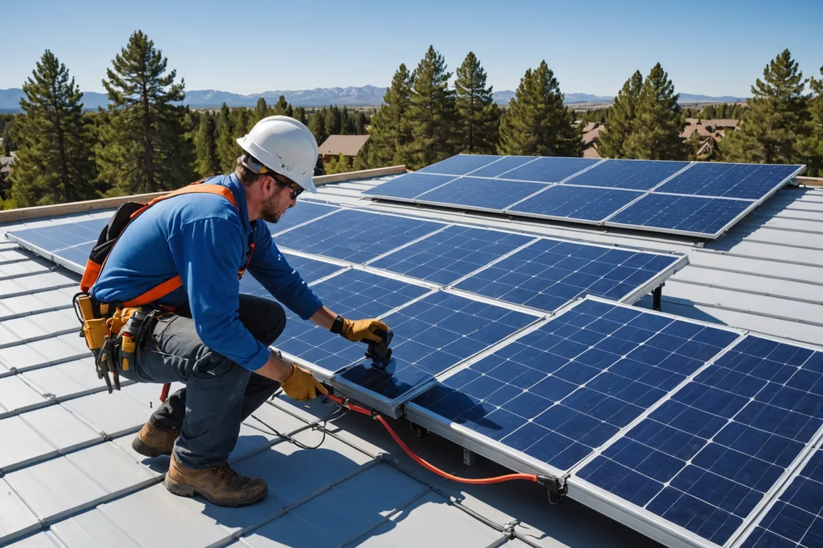 Solar installation crew positioning panels on a residential rooftop in Colorado