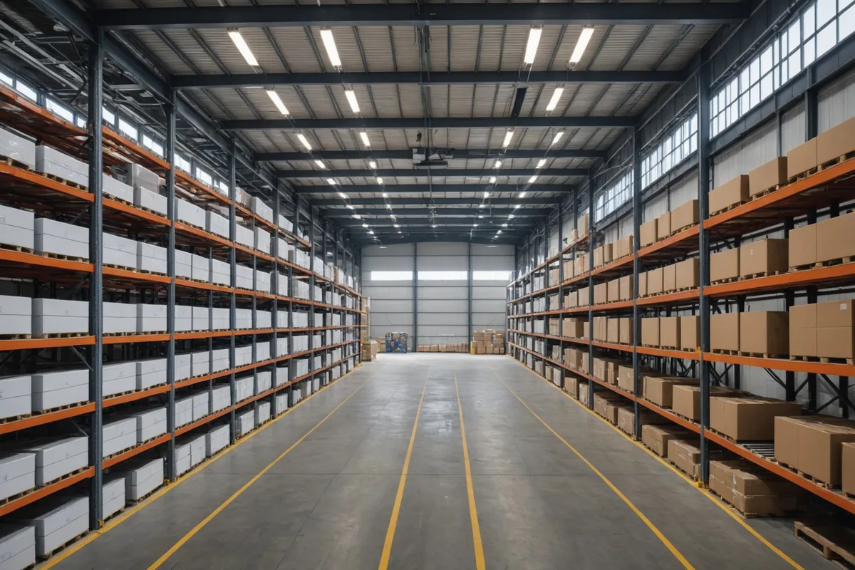 Solar equipment inventory in a commercial warehouse with organized module stacks and racking
